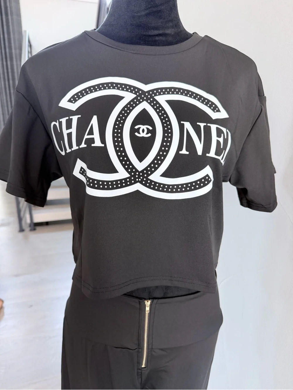 Chanel Black Logo Cropped Top & High-Waist Pants Set size L